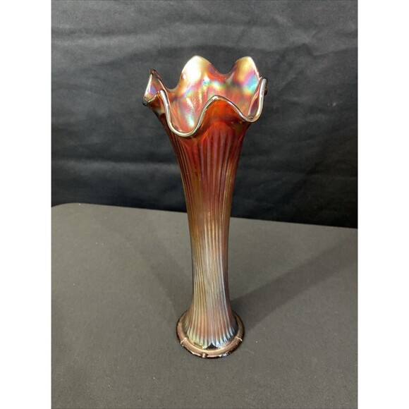 Antique Fenton Fine Rib Carnival Glass Iridescent Tulip Vase 10" - Picture 1 of 12
